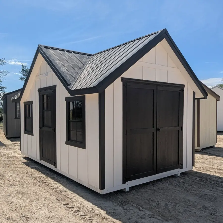 Cream Cambridge Dormer shed with black trim and a black metal roof