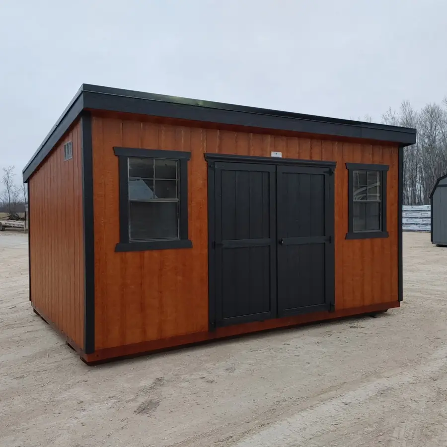 Stained wood modern shed with black double doors and two windows